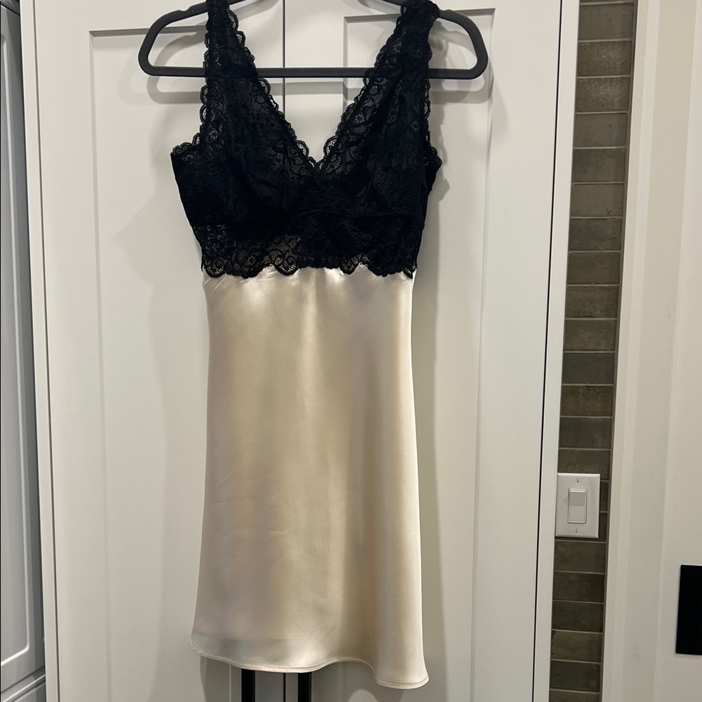 Neiman Marcus Black Lace and Cream Satin Chemise